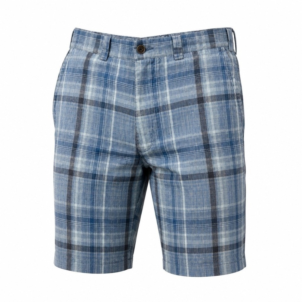 Tommy Bahama Mens 34 Blue‎ Plaid 100% Linen Shorts Casual Beach Summer 8 Inseam